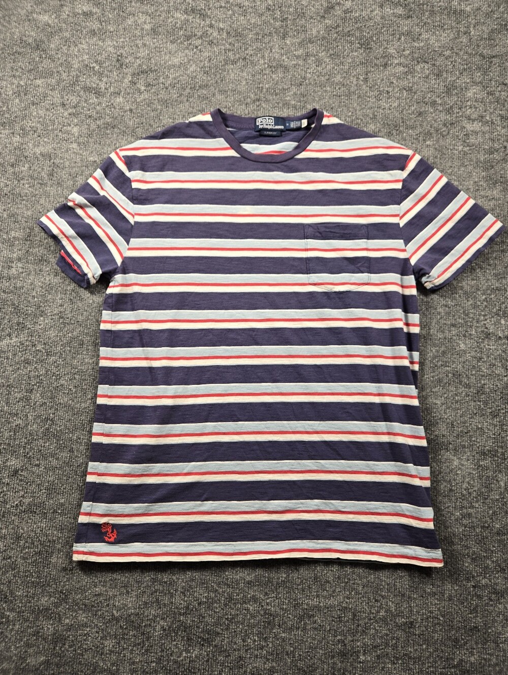 Polo by‎ Ralph Lauren Classic Fit Striped Pocket T-Shirt Anchor Logo Navy M